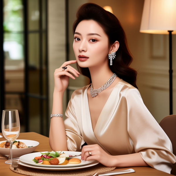 生活瞬间，美女，韩系美女，丝绸，美妆广告，家庭餐桌，4K超清，写实风格，温馨，柔和室内光，细腻皮肤，项链，耳环，手链。