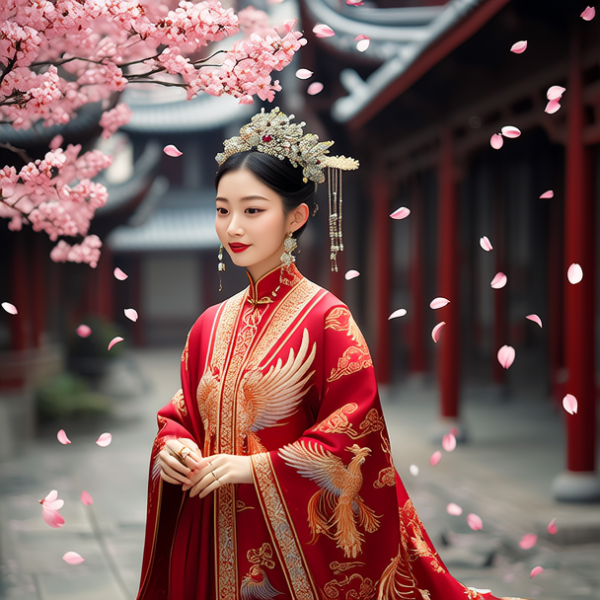 一位优雅的女性在古老的中国庭院中漫步，她身穿一件华丽的红色旗袍，旗袍上绣着金色的凤凰图案。她的头发被精心梳理并装饰着珍珠...