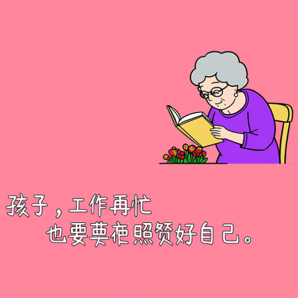 有一位戴着眼镜、头发灰白的老奶奶，她穿着紫色上衣，正在院子里看着书，有茶几，有鲜艳的鲜花。文字内容是“孩子，工作再忙也要...