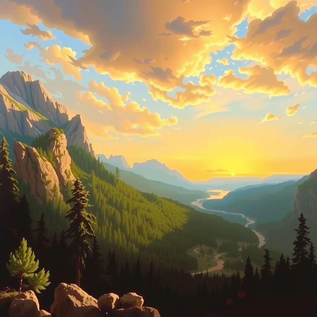 《美国风景》 (American Landscape) - 托马斯·科尔（Thomas Cole）创作，展现了美国自然风...
