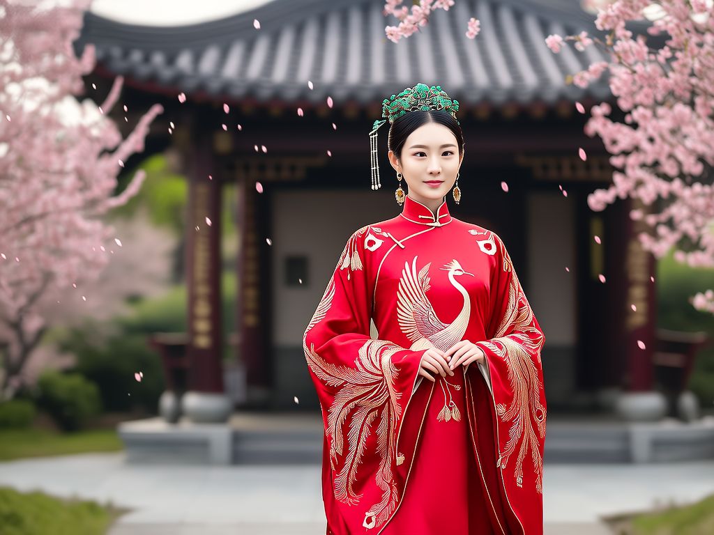 一位优雅的女性在古老的中国庭院中漫步，她身穿一件华丽的红色旗袍，旗袍上绣着金色的凤凰图案。她的头发被精心梳理并装饰着珍珠...